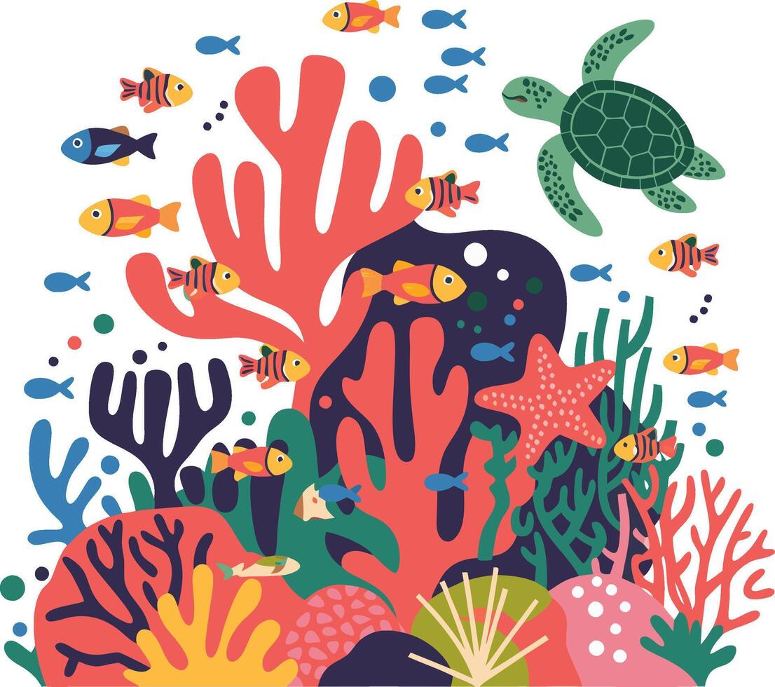 Colorful Underwater Coral Reef Scene with Fish and Turtles Illustration vector