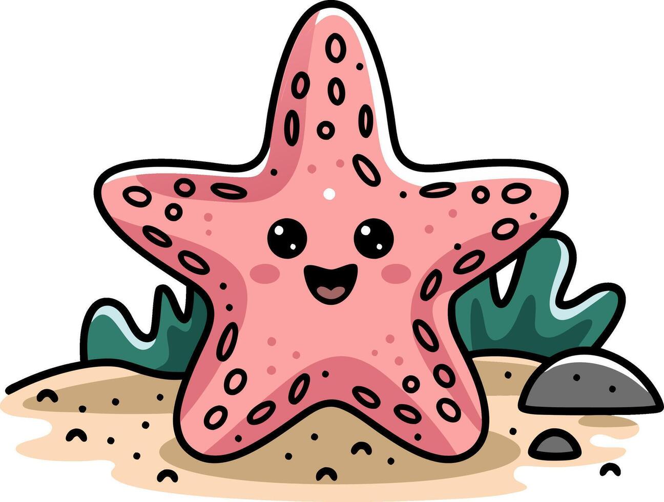 Cute Smiling Starfish Character on Sandy Beach with Ocean Elements Art vector