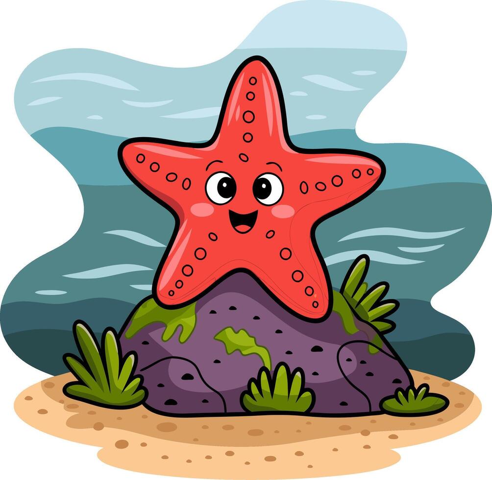 Cute Red Starfish Cartoon on Ocean Rock with Seaweed Illustration vector