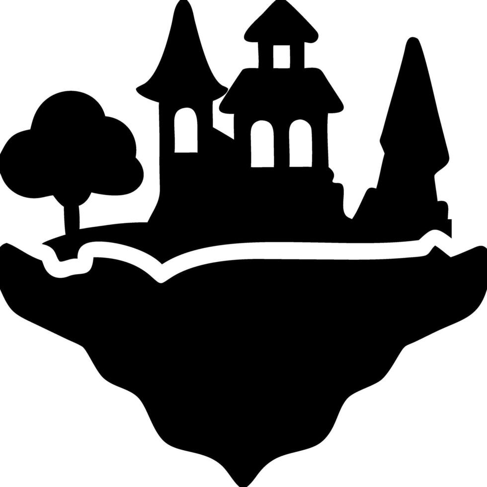 Floating Island Silhouette with Castle and Trees Fantasy Illustration vector