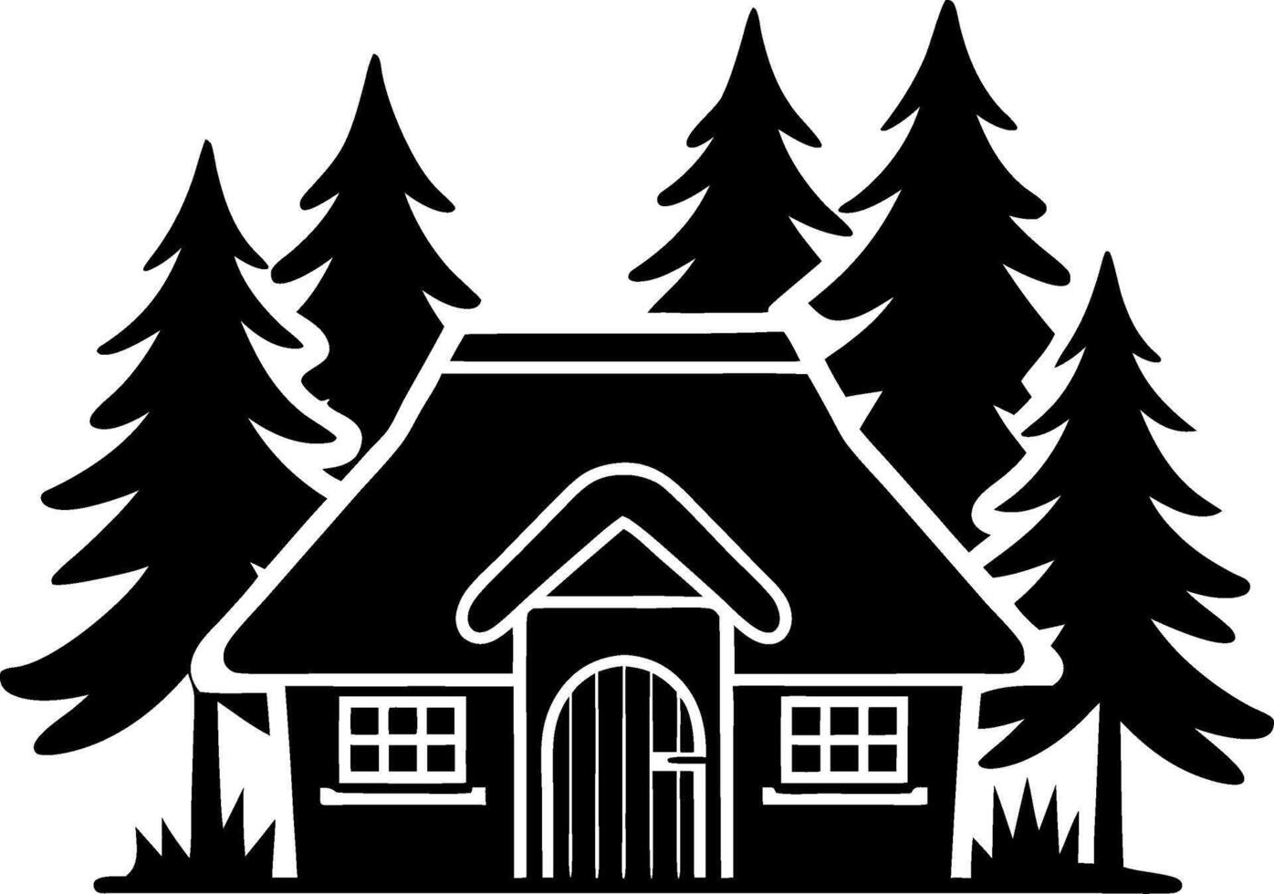Charming Forest Cottage Silhouette with Pine Trees Illustration vector