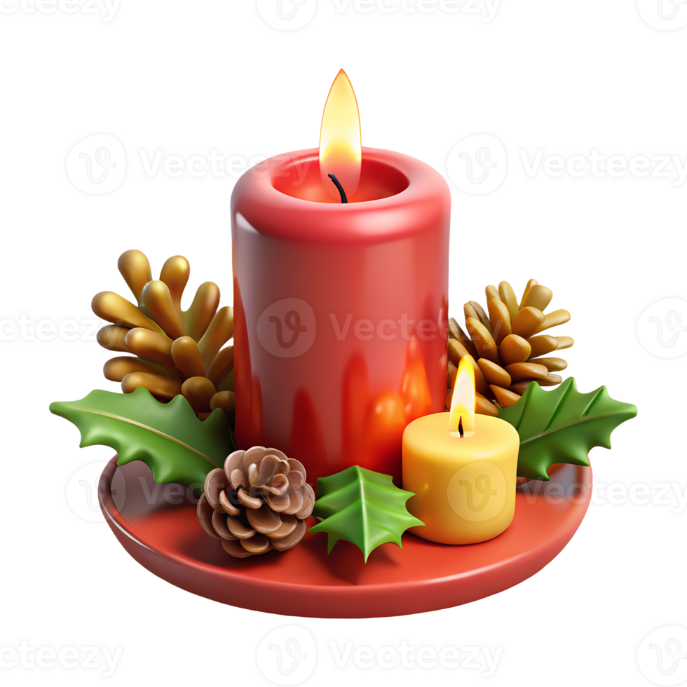 3d Christmas Candle A red pillar candle with a flickering golden flame, placed in a candleholder surrounded by pinecones and holly leaves png