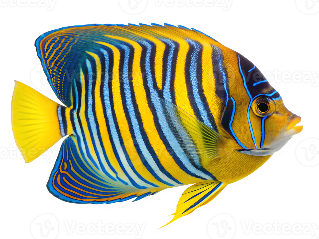 A regal angelfish with blue and yellow striped patterns , isolated on a transparent background png