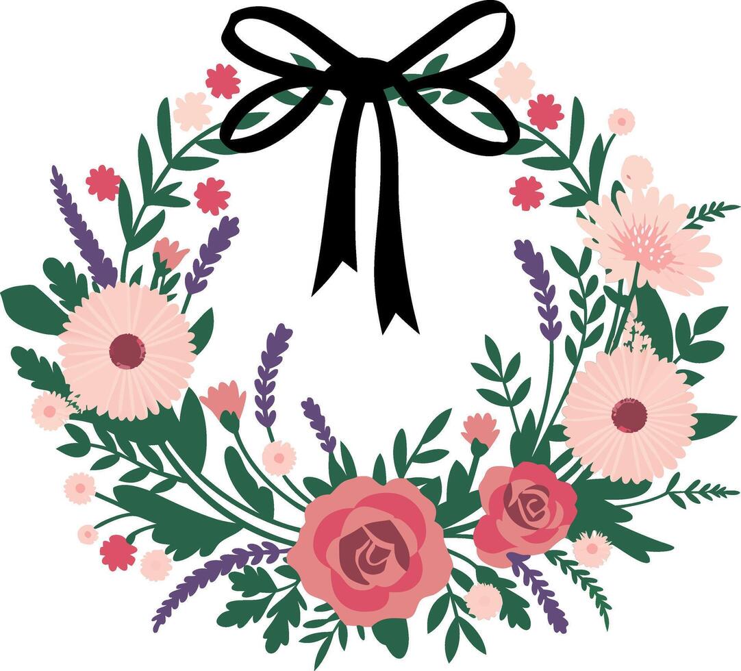 Floral Wreath with Black Bow Spring Flower Design for Decoration vector