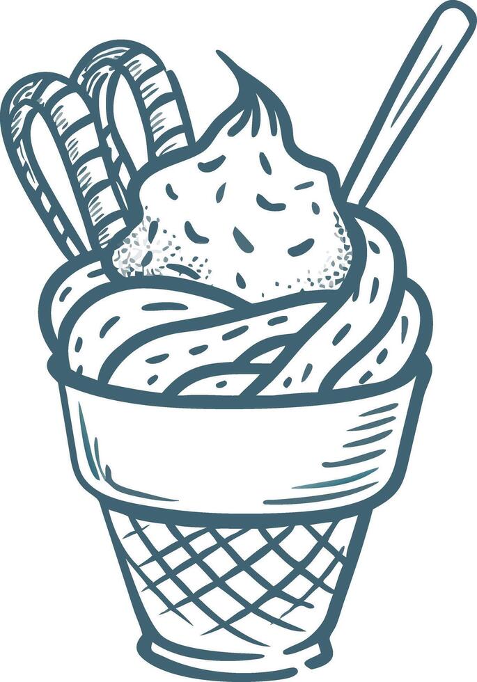 Delicious Hand Drawn Ice Cream Cone with Waffle and Toppings Illustration vector
