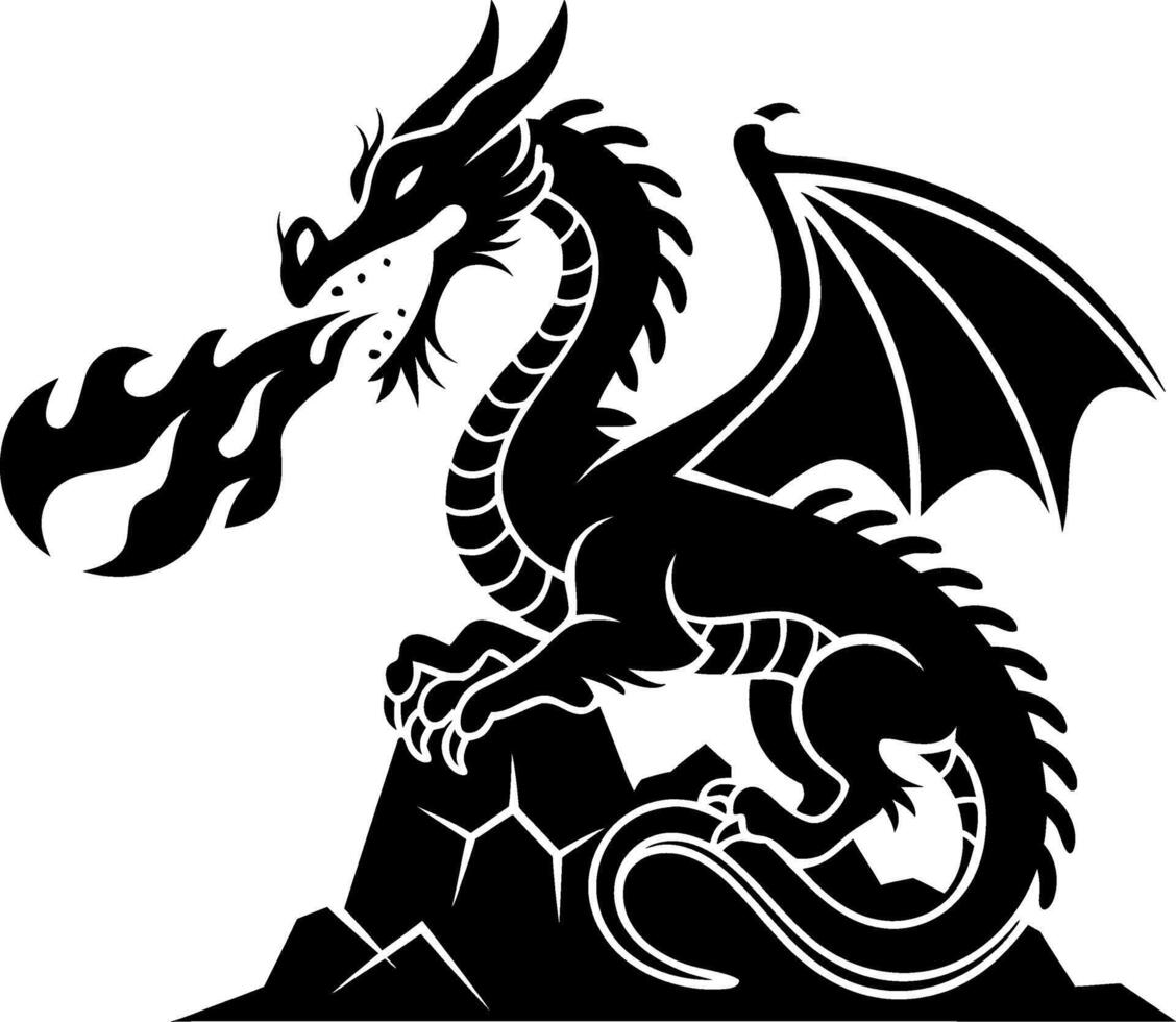 Fierce Fire Breathing Dragon Silhouette on Mountain Illustration vector
