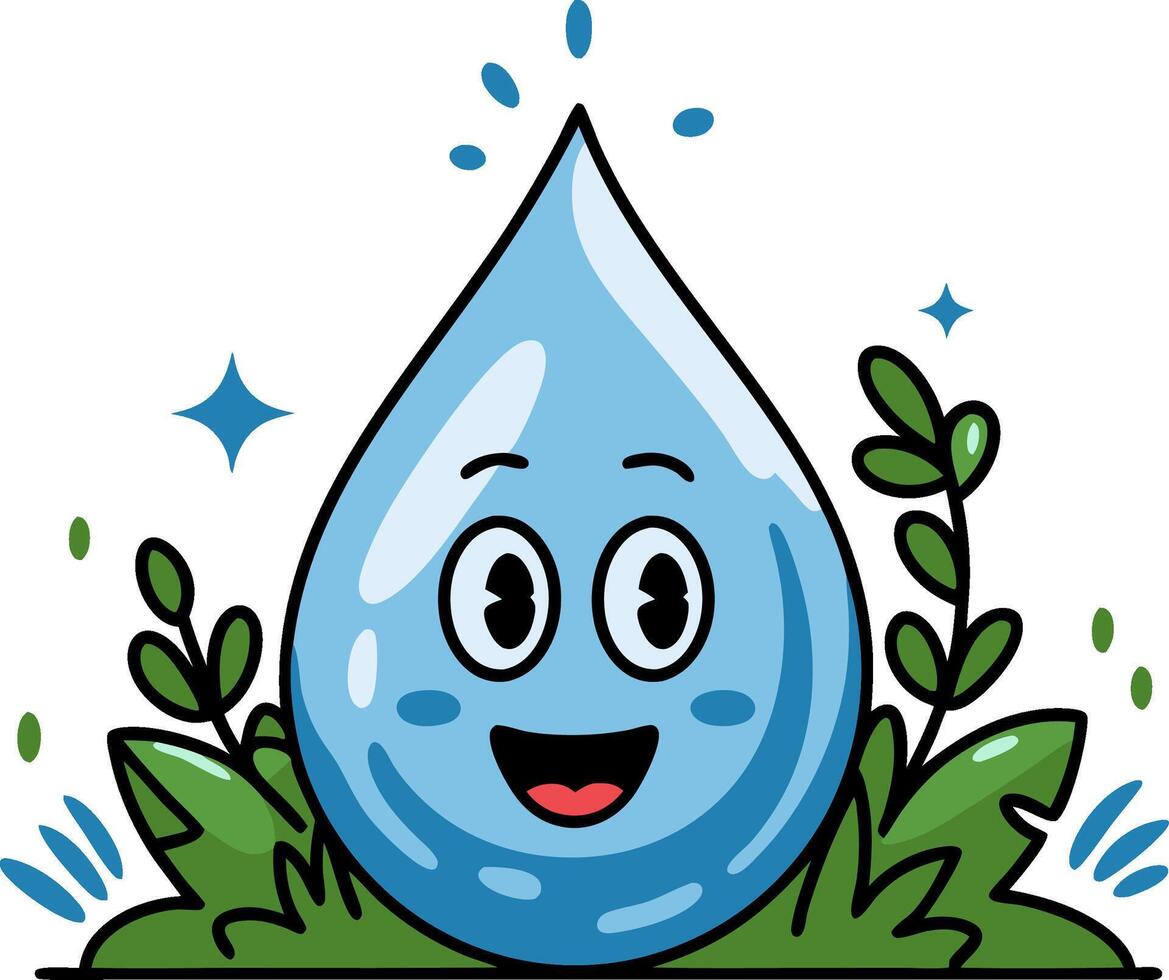 Happy Water Droplet Cartoon with Plants in Cute Illustration vector