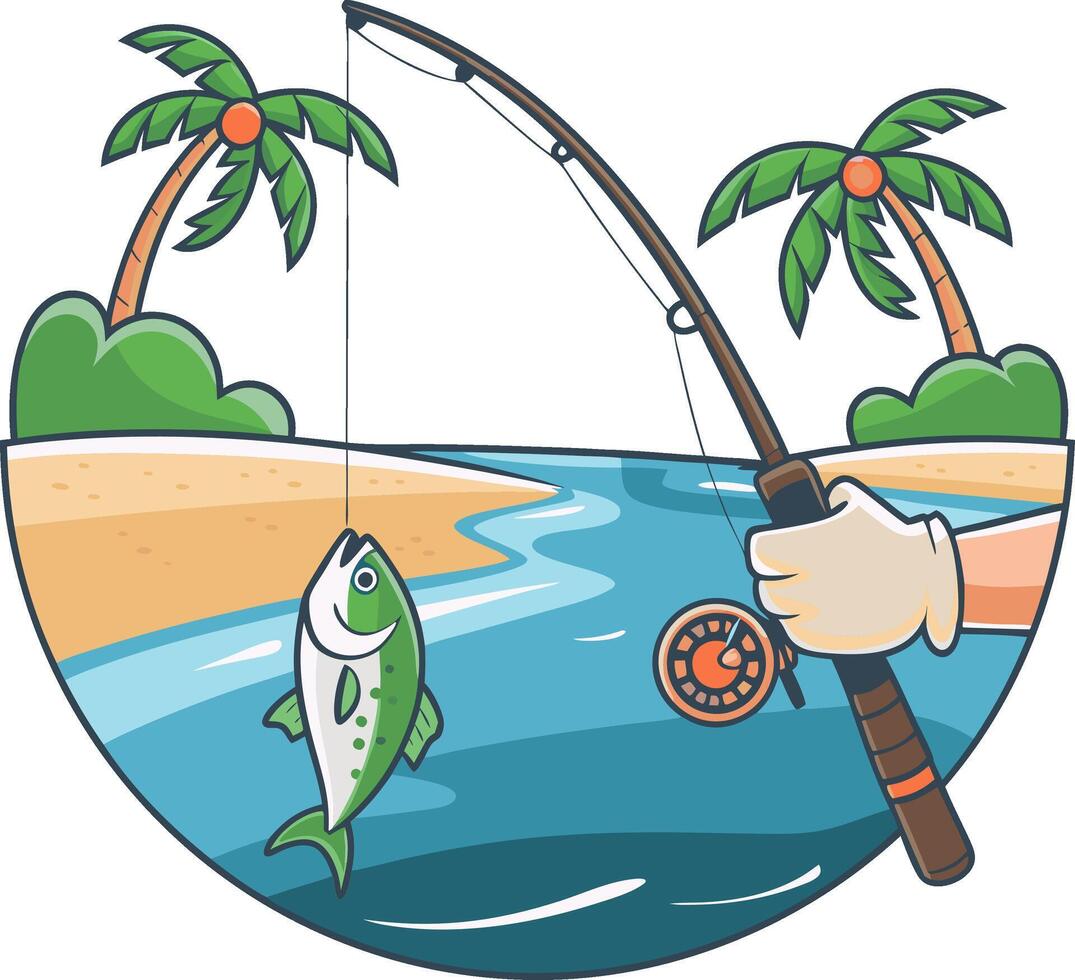 Fishing Scene with Tropical Beach Palm Trees and Fish in Cartoon Art vector