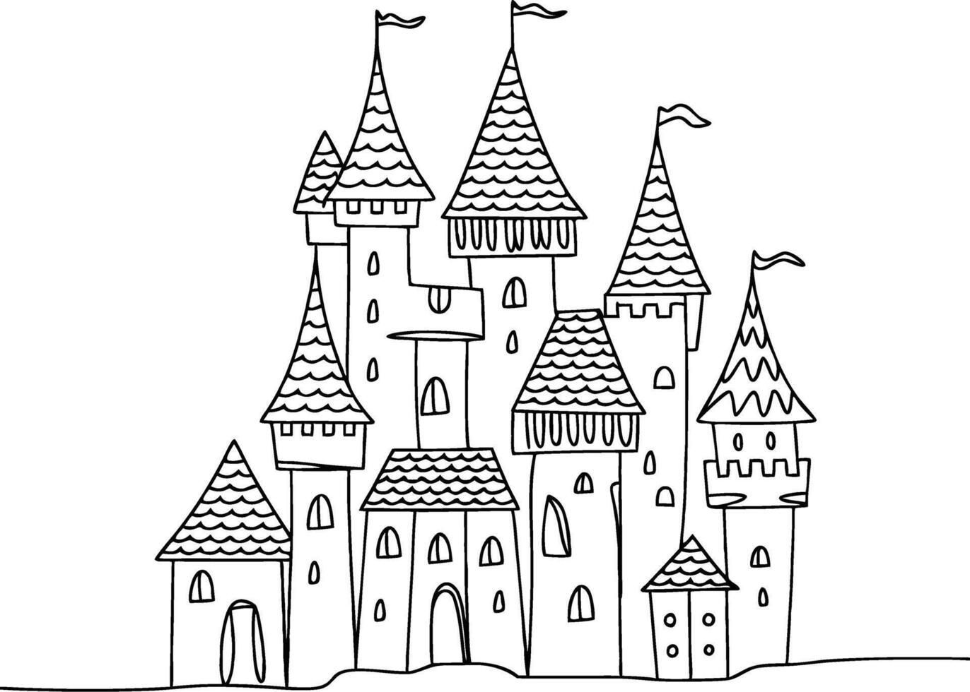 Fantasy Castle Outline Illustration with Tall Spires and Flags for Storybook or Fairytale Design vector