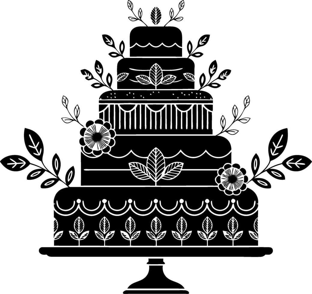 Elegant Floral Decorated Black Wedding Cake Illustration vector