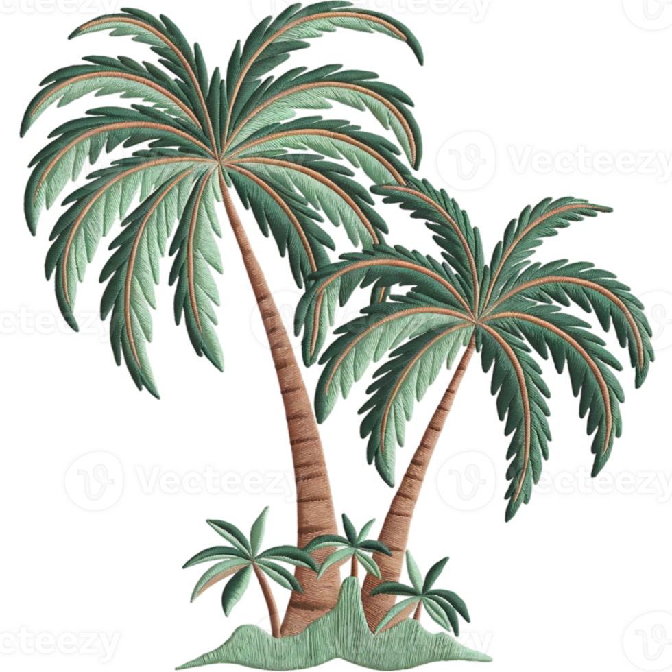 Two embroidery palm trees with lush, green fronds sway gently, accompanied by smaller plants at their base cutouts png