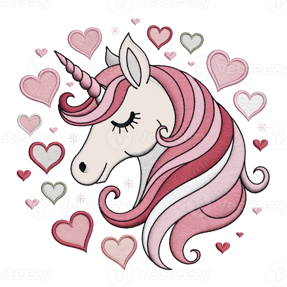 A cute unicorn with flowing pink and white hair is surrounded by various heart shapes cutouts png