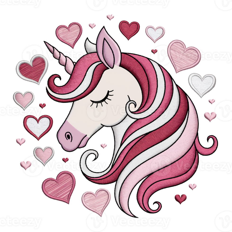 A unicorn with flowing pink and white hair is surrounded by various heart shapes cutouts png