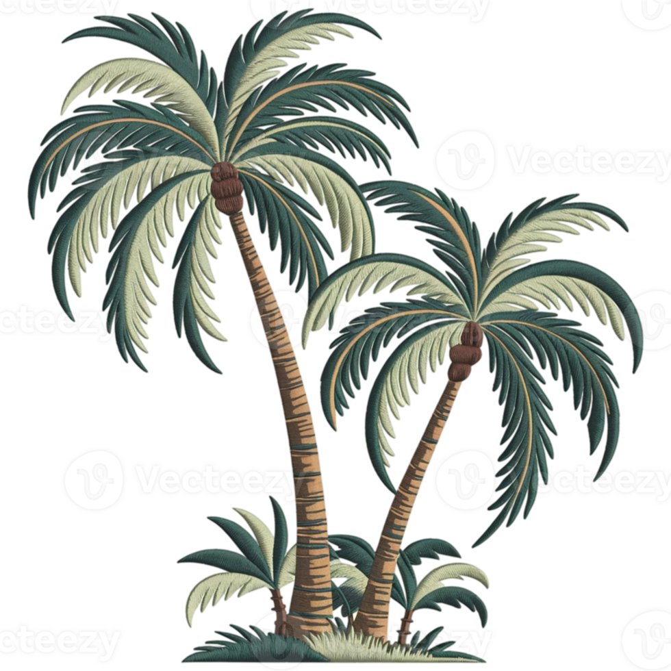 Two embroidery tall palm trees with lush, green fronds sway gently, accompanied by smaller plants at their base cutouts png