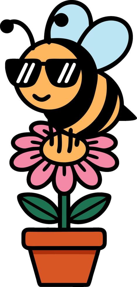 Cartoon Bee with Sunglasses on Flower in Pot Illustration for Fun and Educational Design vector