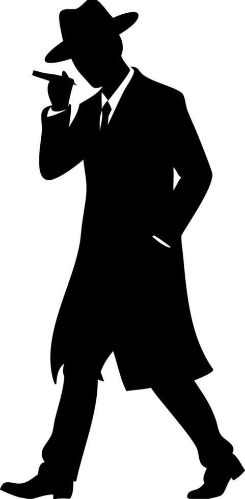 Retro Detective Silhouette Smoking Cigar in Trench Coat Hat Illustration vector