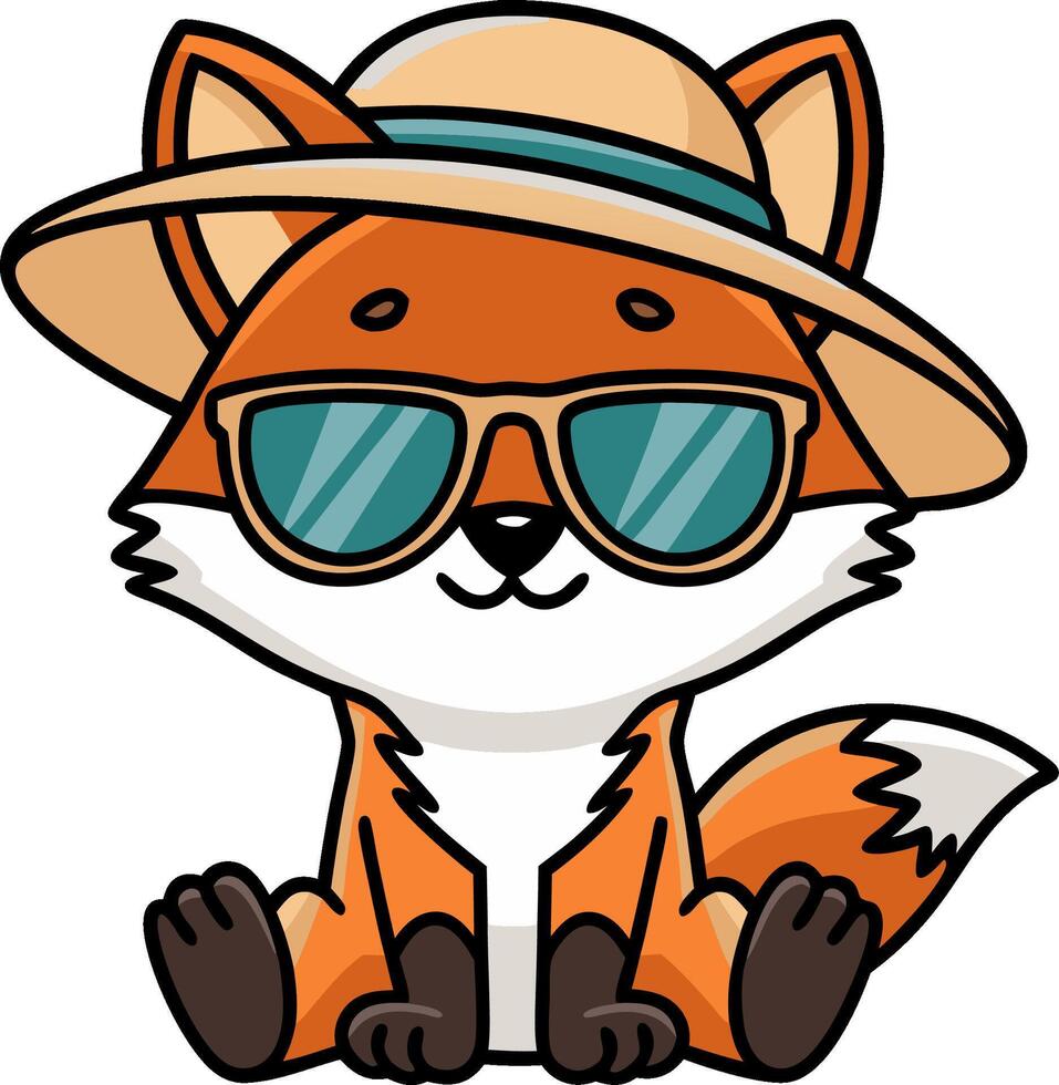 Cute Cartoon Fox Wearing Sunglasses and Hat Relaxing in Summer Illustration vector