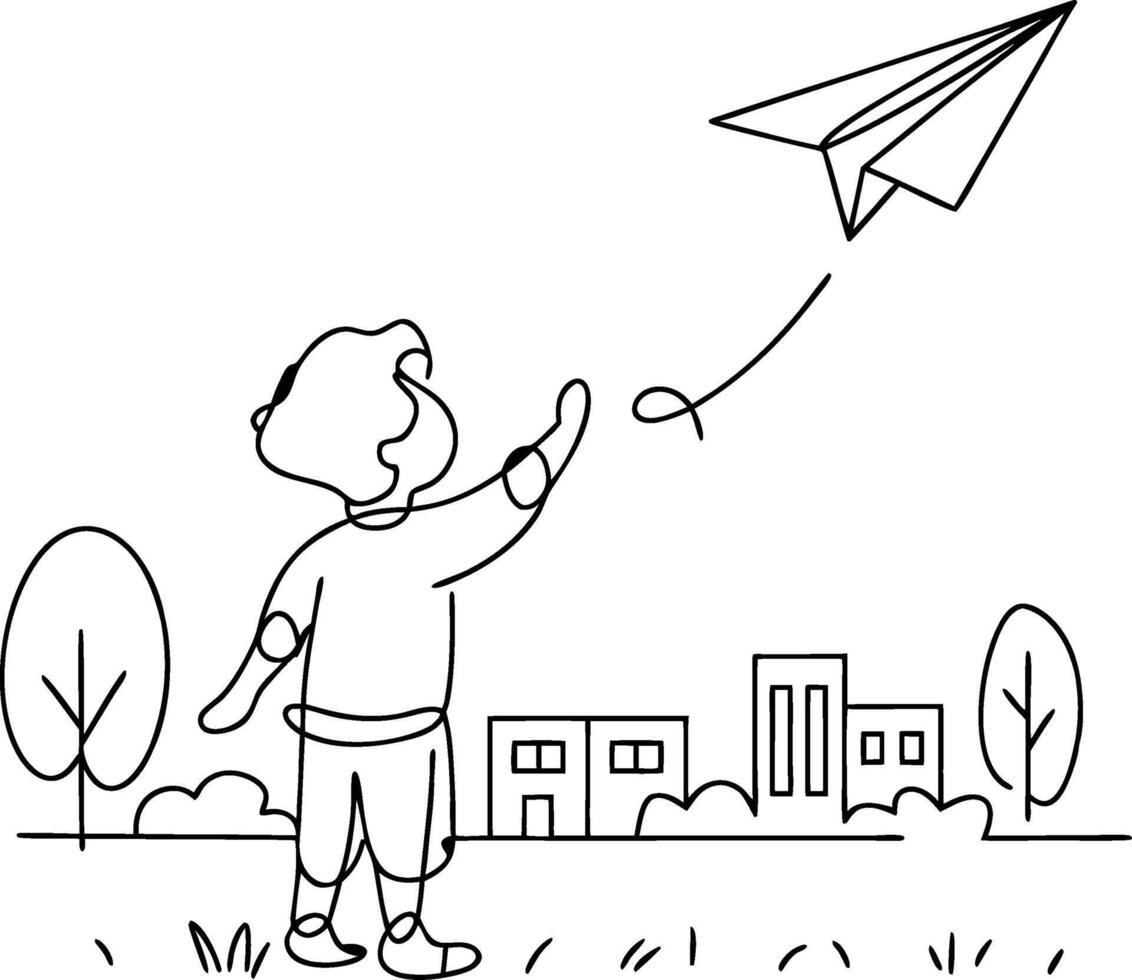 Child Playing with Paper Airplane in Park Line Art Illustration vector