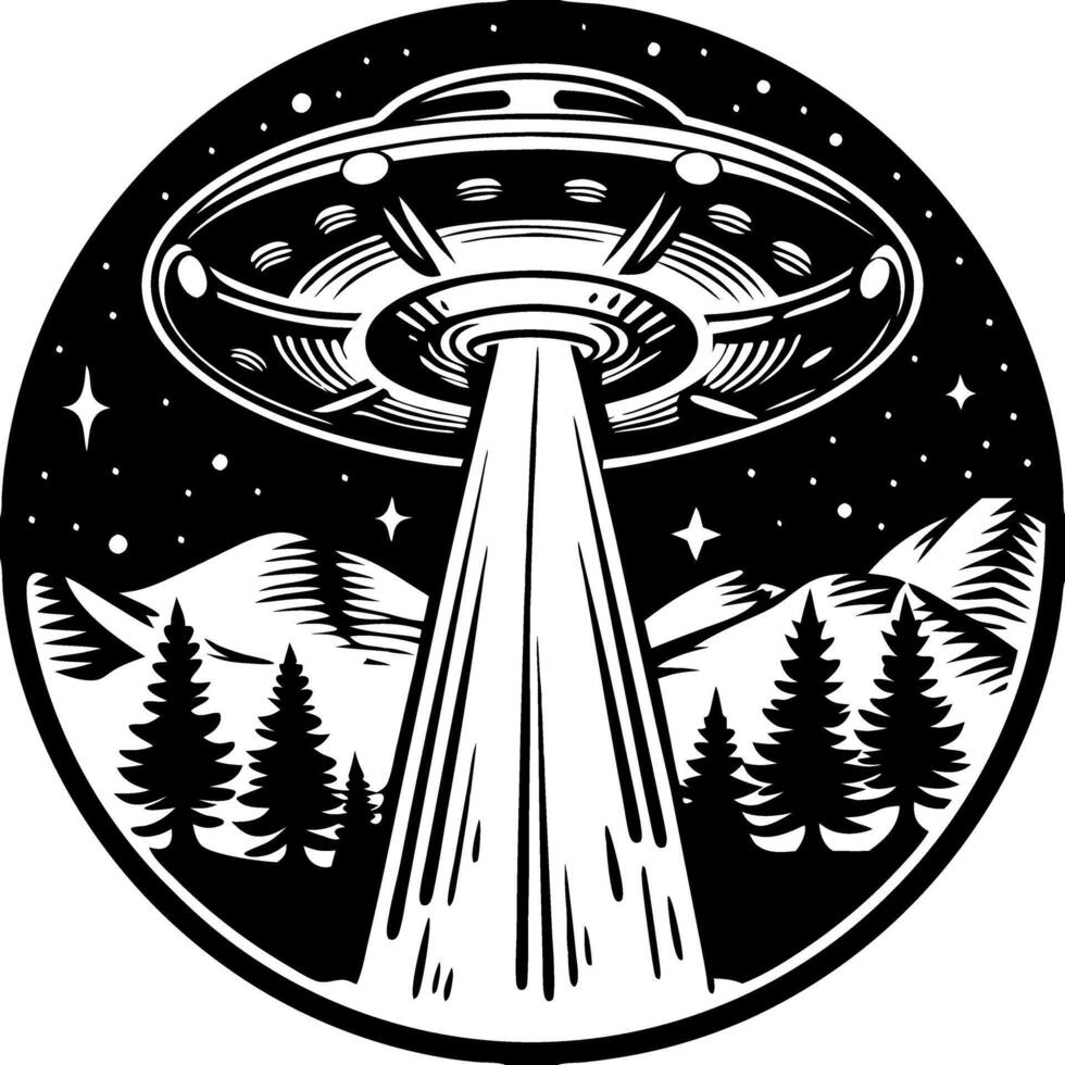 UFO Alien Abduction Art in Night Forest with Mountains and Stars vector