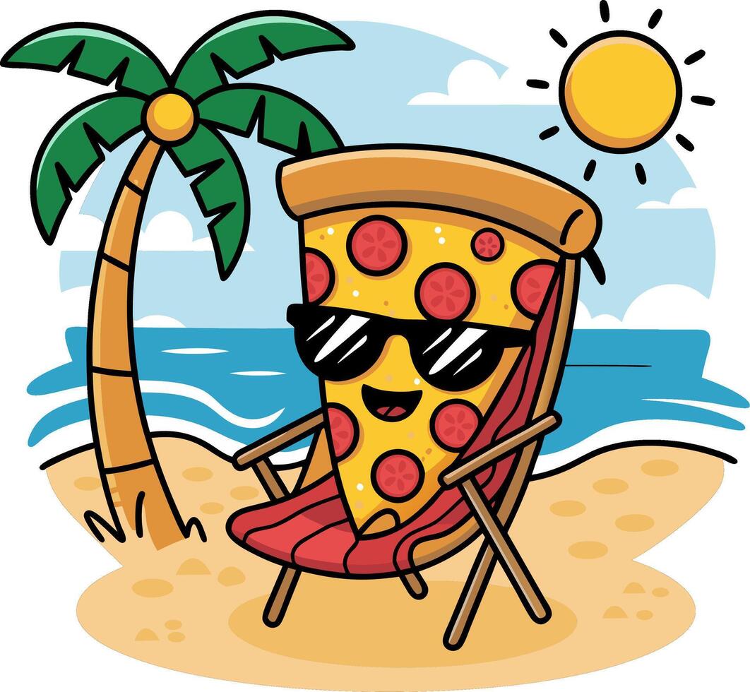 Cartoon Pizza Slice Relaxing on Beach with Sunglasses and Palm Tree Vacation Vibe vector
