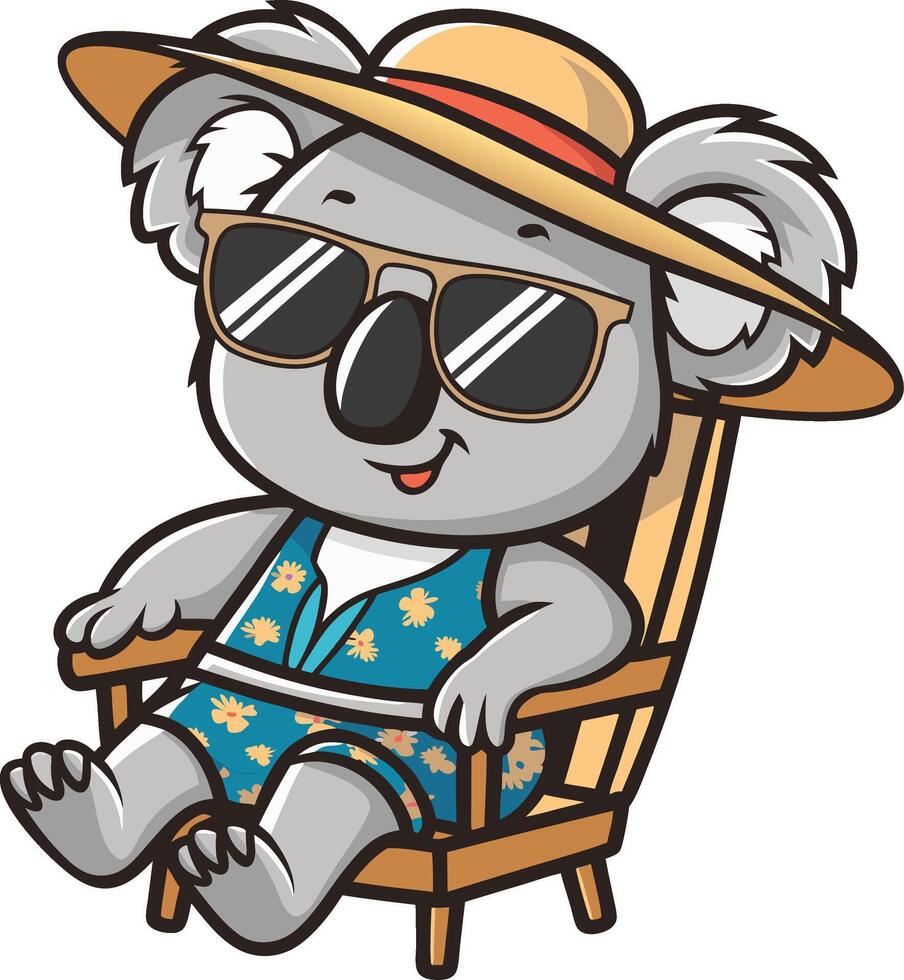 Cute Koala Relaxing in Beach Chair with Sunglasses and Straw Hat Vacation Vibes vector