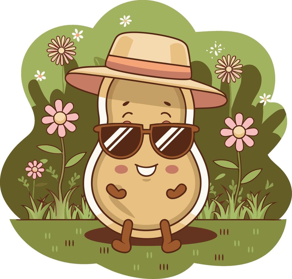 Cute Peanut Character Relaxing in Summer Garden Art vector