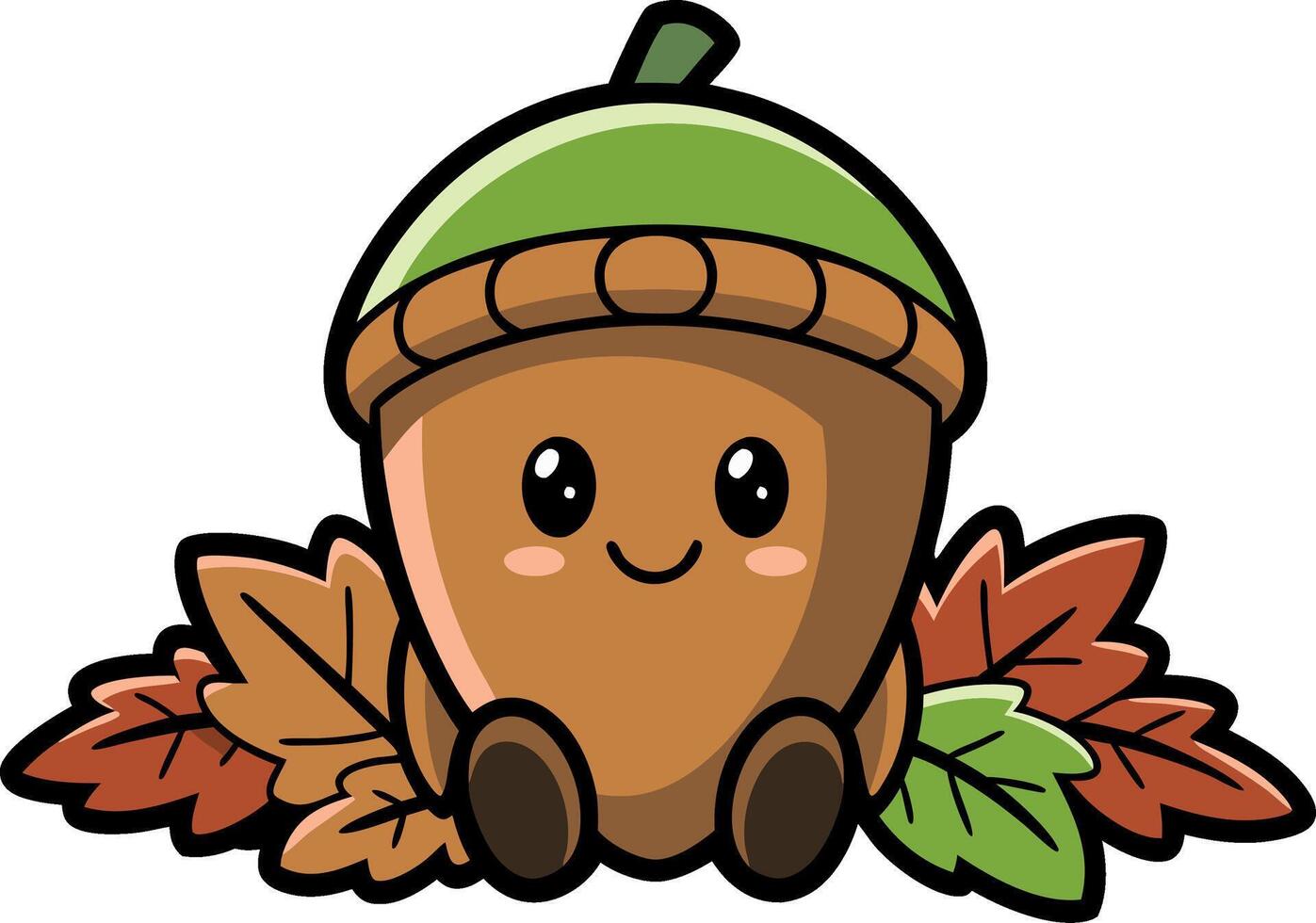 Cute Kawaii Acorn Character with Autumn Leaves Art for Seasonal Designs vector