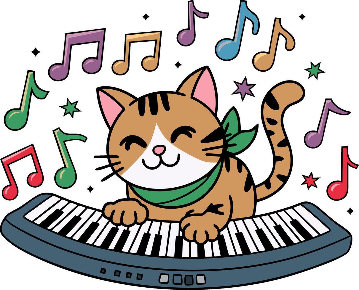Cute Musical Cat Playing Keyboard with Colorful Notes Illustration vector