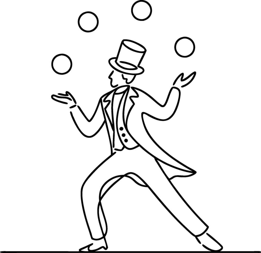 Elegant Juggler in Top Hat Performing Skillfully with Three Balls Illustration vector