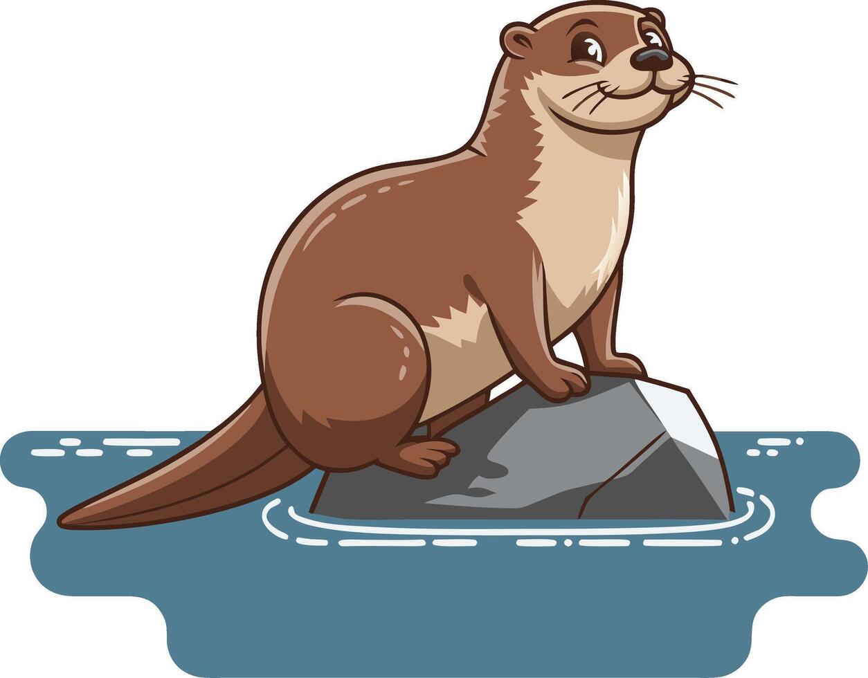 Cute Otter Cartoon Sitting on Rock in Water Illustration Art vector