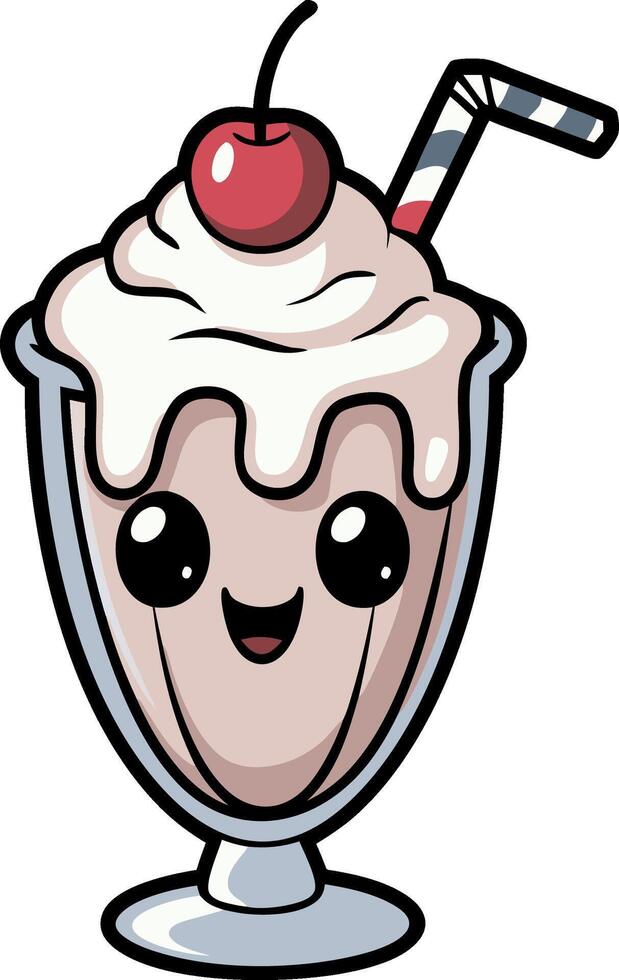 Cute Kawaii Milkshake with Cherry and Whipped Cream Art vector