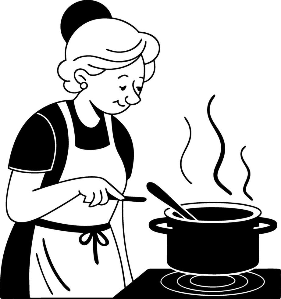Elderly Woman Cooking in Kitchen Stove Illustration for Culinary Themes vector