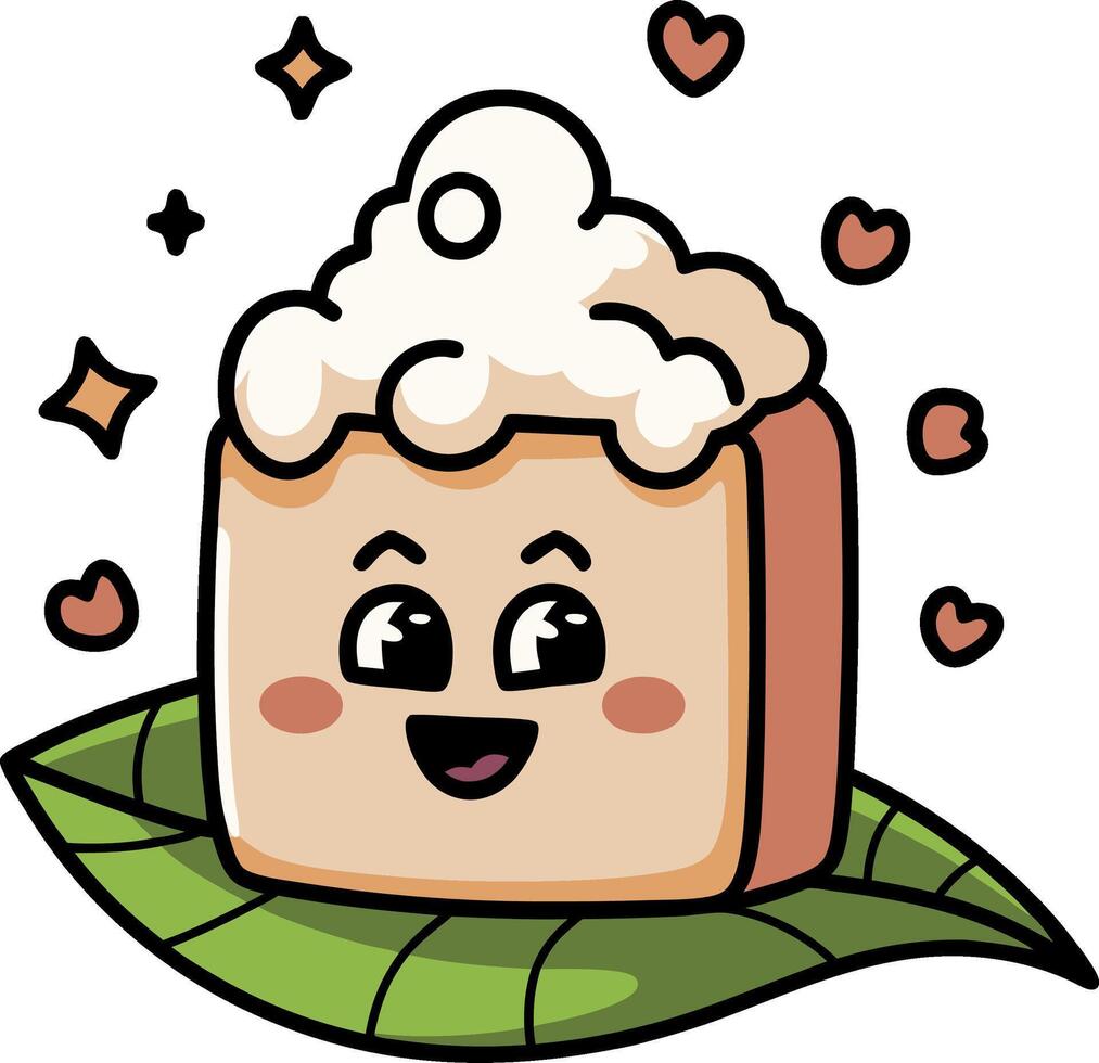 Cute Kawaii Whipped Cream Dessert on Leaf with Happy Face Cartoon vector