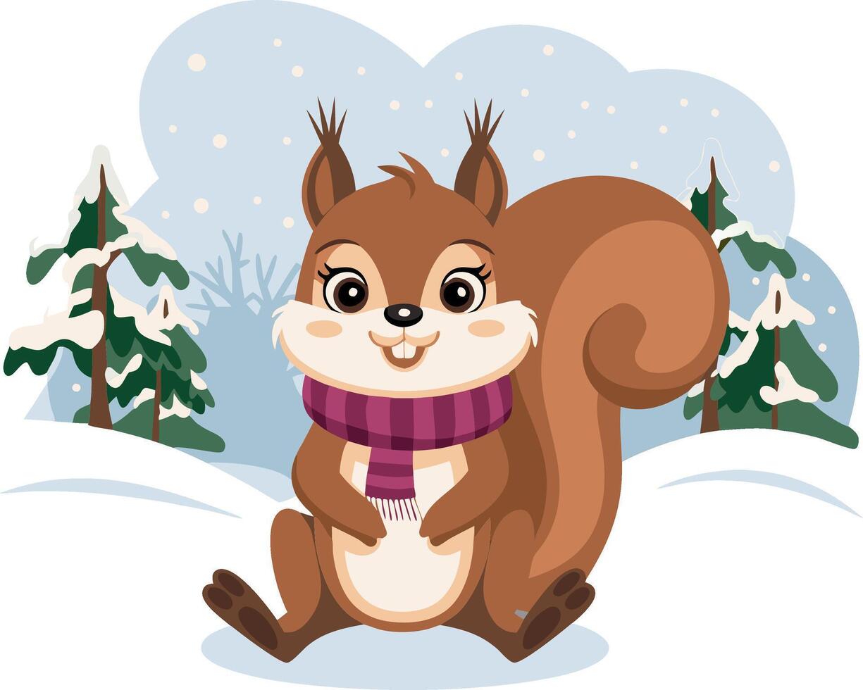 Cute Winter Squirrel with Scarf in Snowy Forest Illustration vector