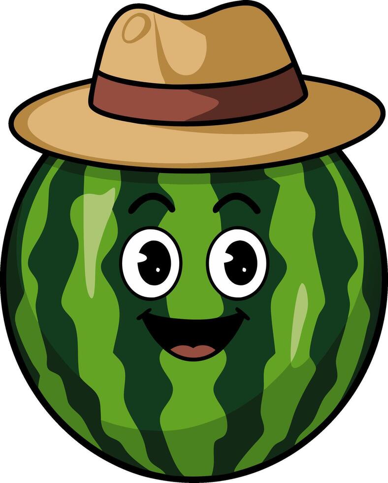 Cute Watermelon Cartoon Character with Happy Face Wearing Hat Illustration for Kids vector