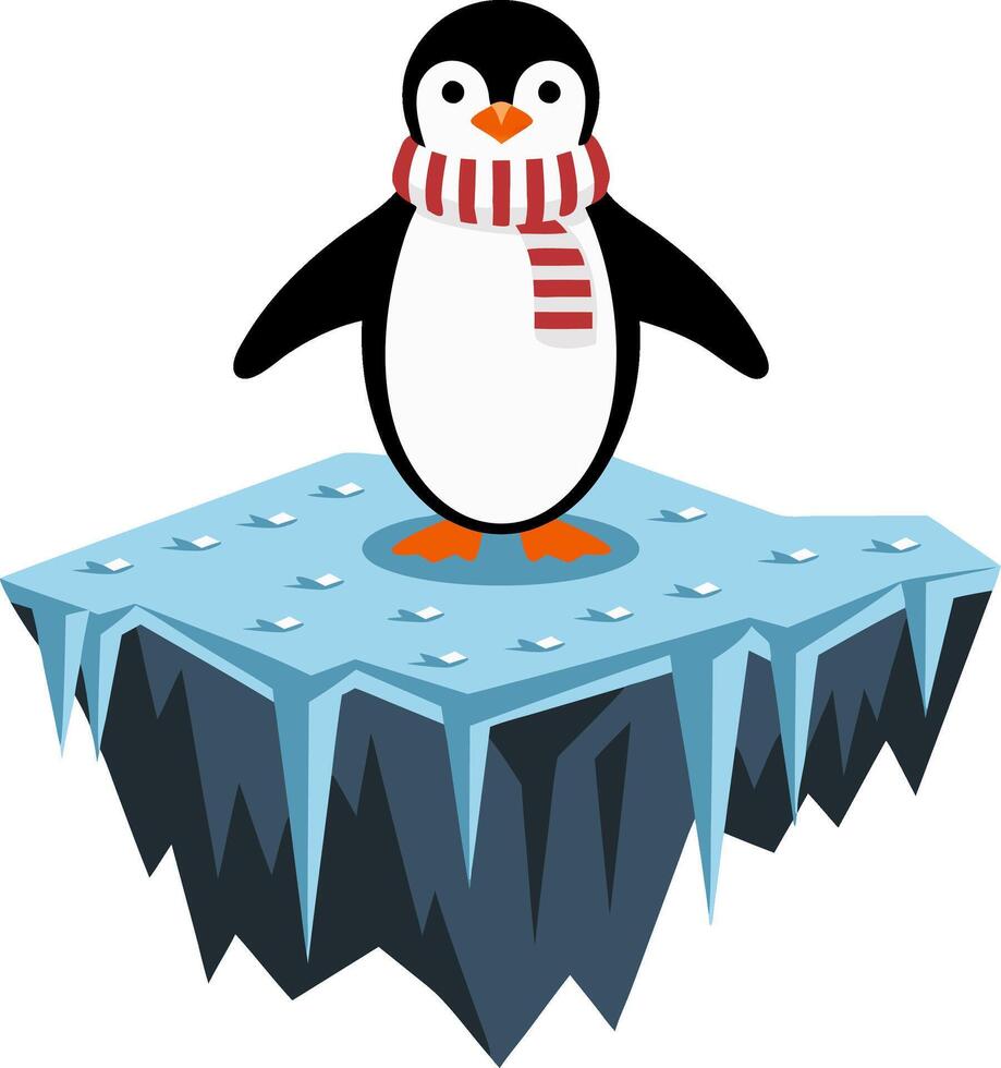 Cute Penguin in Scarf on Iceberg Cartoon for Winter and Holiday Designs vector