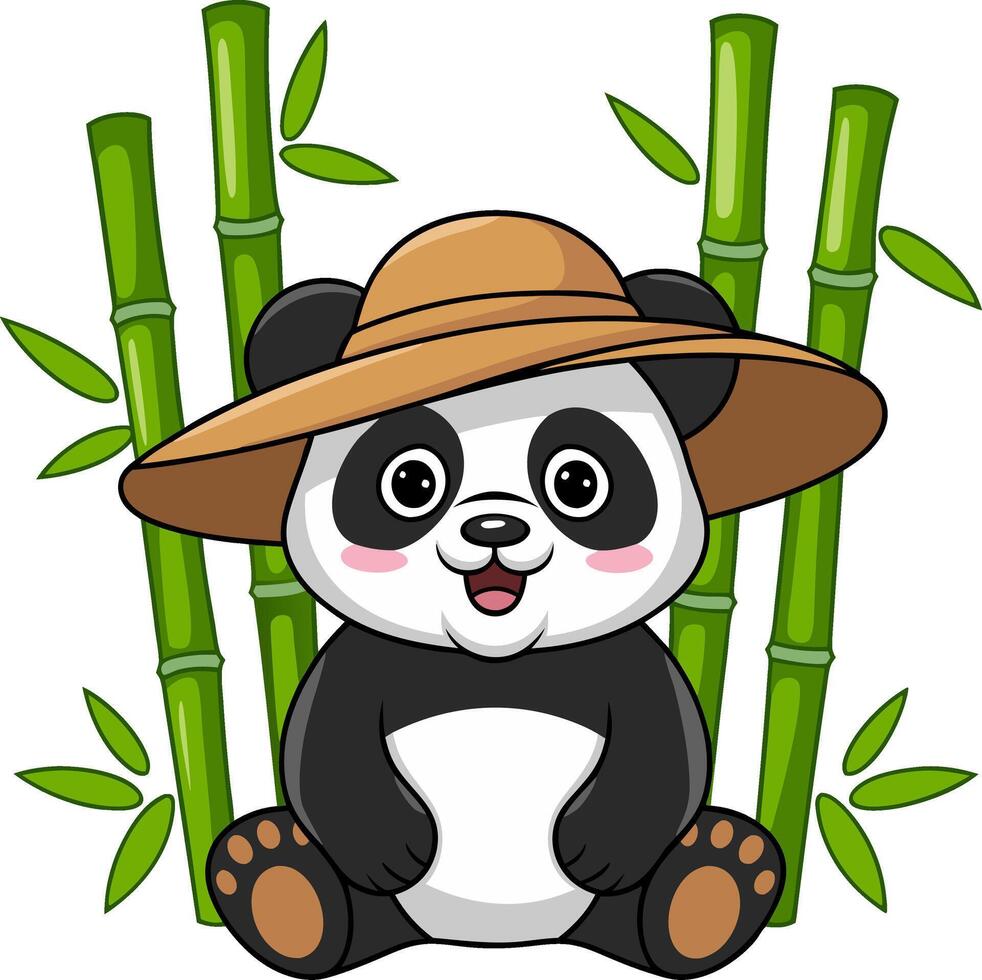 Cute Panda in Straw Hat and Bamboo Background Illustration vector