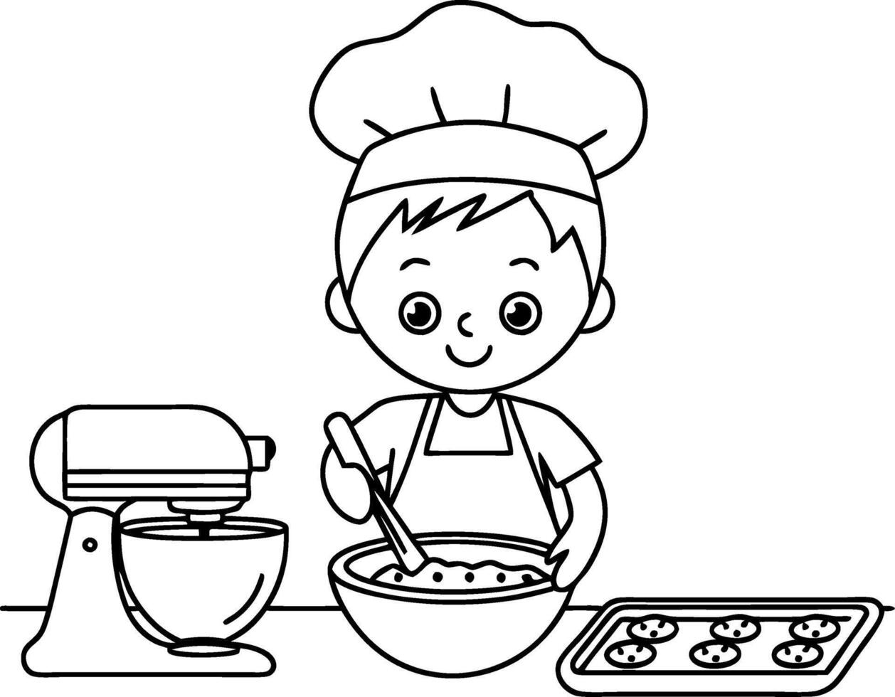 Cute Kid Baker Mixing Dough with Mixer Next to Oven Tray Illustration vector