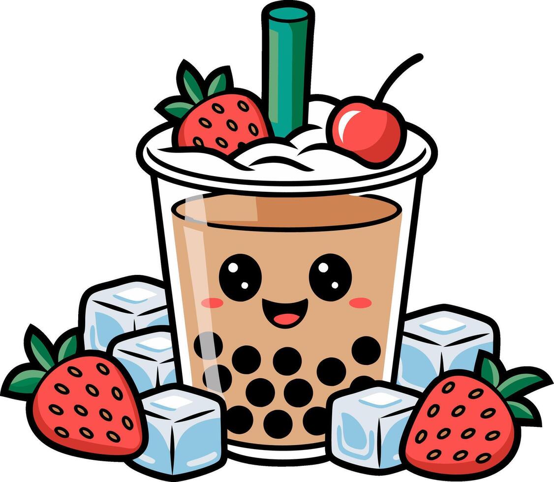 Cute Kawaii Bubble Tea with Strawberries Ice Cubes and Smiling Cup Illustration vector