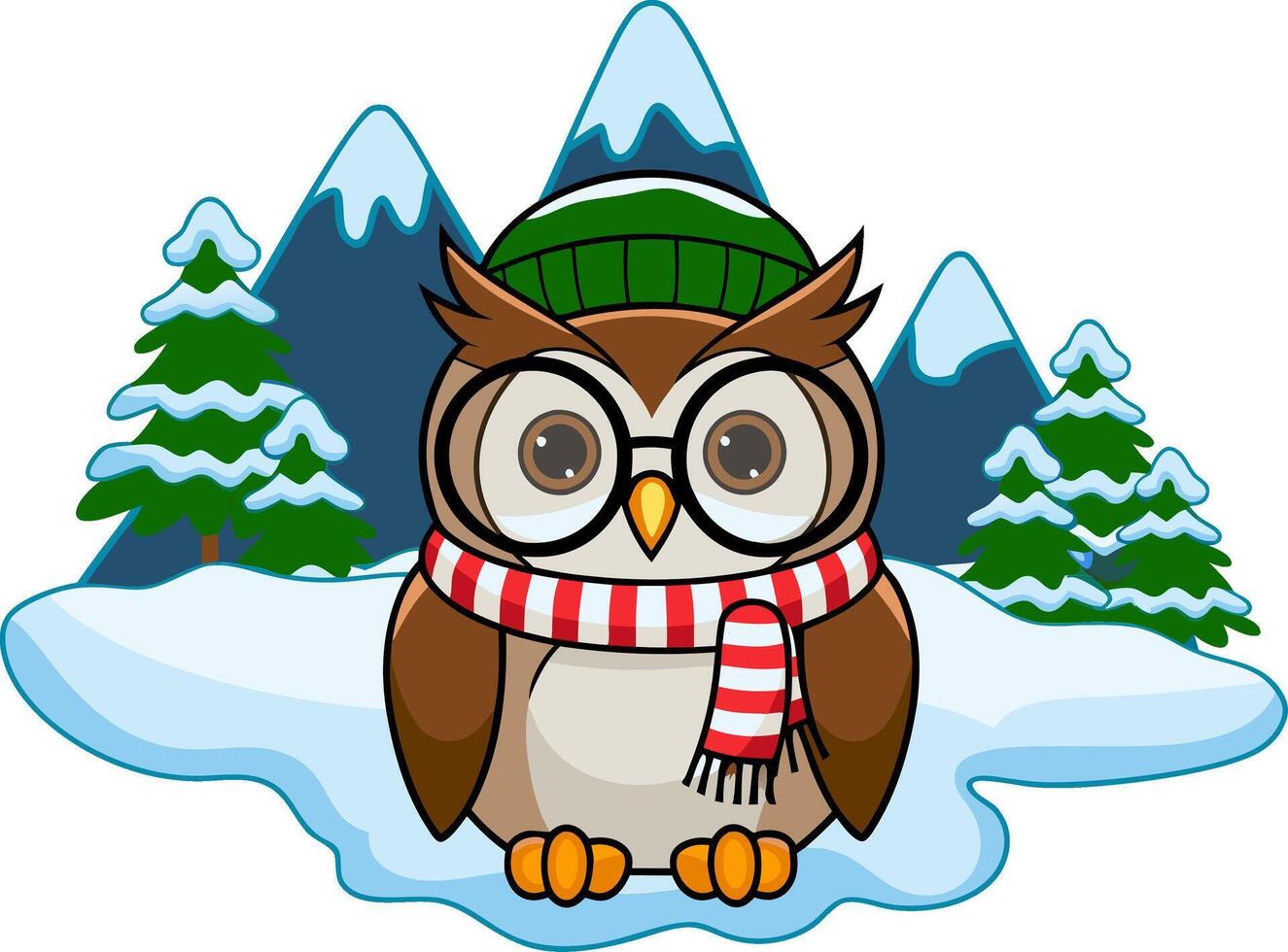 Cute Winter Owl with Scarf and Glasses in Snowy Mountain Forest vector