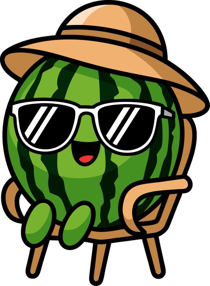 Cute Watermelon Character Relaxing in Sunglasses and Hat Art vector