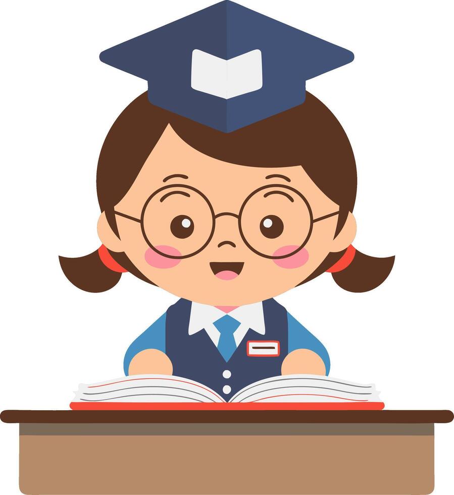 Cute Student Girl with Graduation Cap Reading at Desk Illustration vector