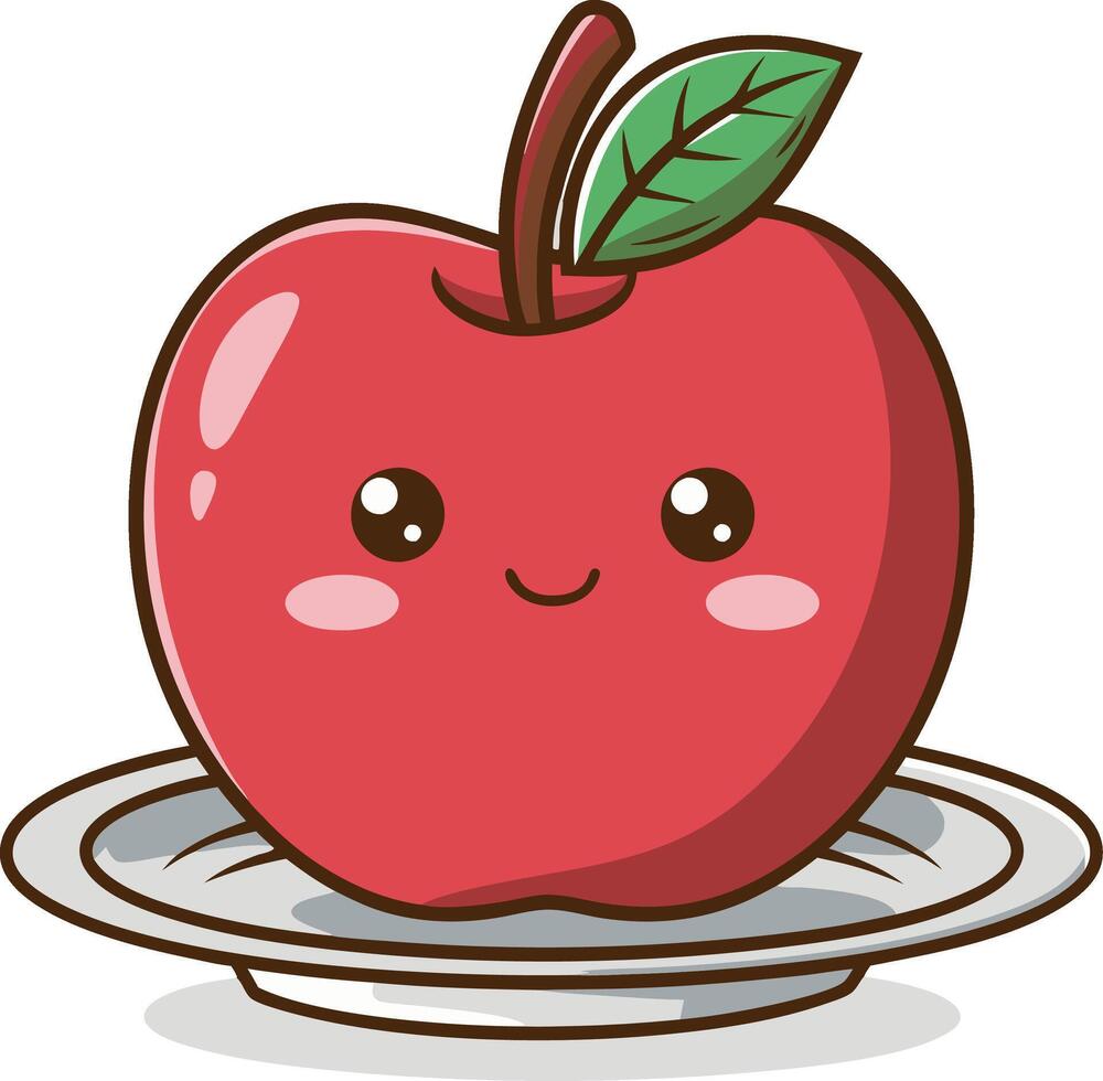 Cute Smiling Red Apple Cartoon Illustration on Plate with Happy Face vector