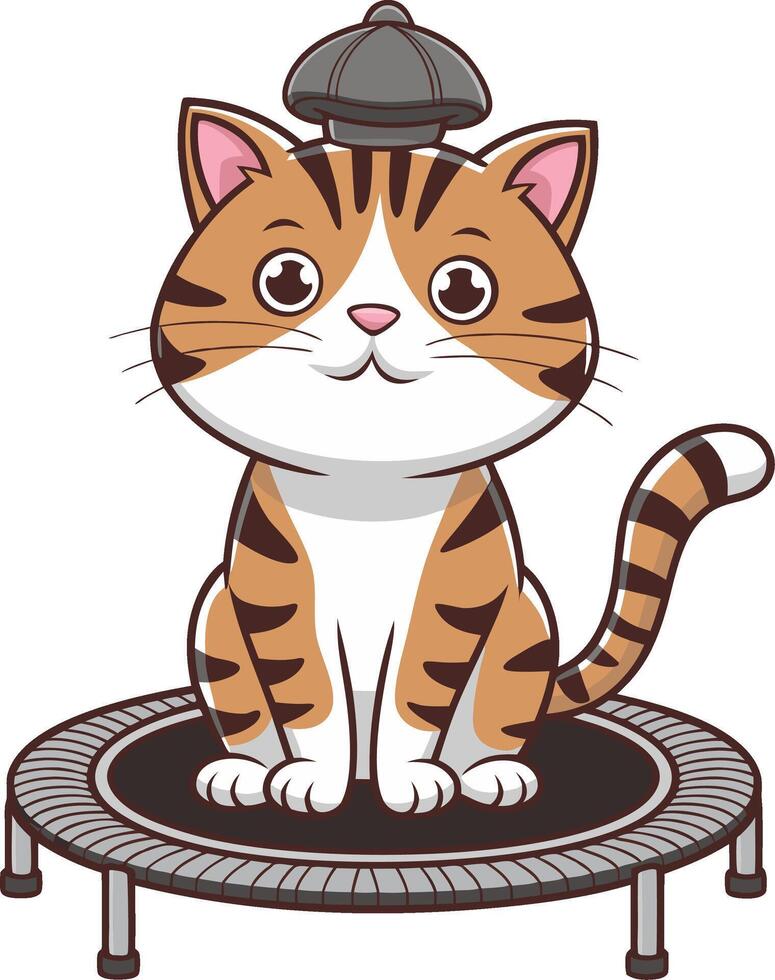 Cute Tabby Cat Wearing Cap Sitting on Trampoline Illustration vector