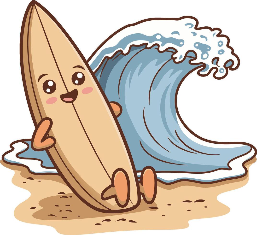 Cute Cartoon Surfboard Character Relaxing on Beach with Ocean Wave Illustration vector