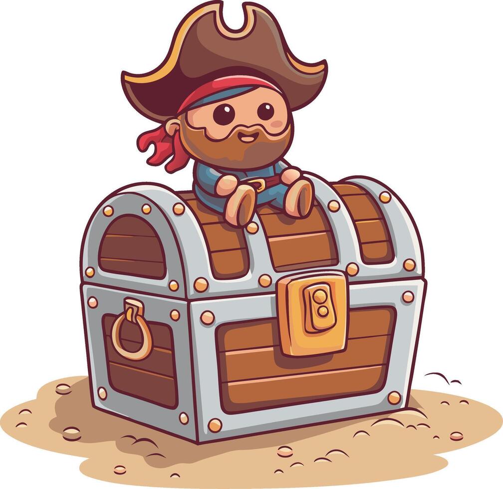 linda pirata sentado en tesoro cofre ilustración para para niños aventuras temas vector