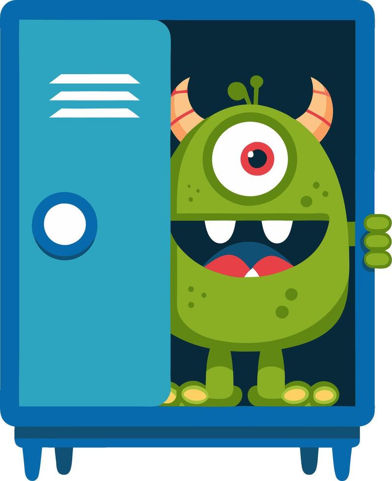 Cute Green Cyclops Monster in Open Locker Art for Kids Illustrations vector