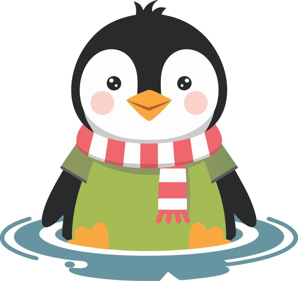 Cute Penguin Wearing Scarf and Sweater Standing in Water Cartoon vector