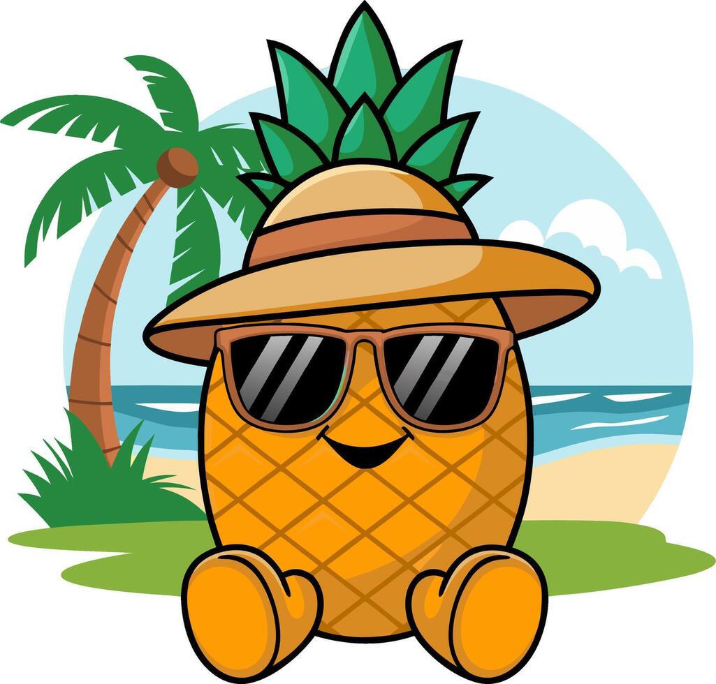 Cute Pineapple Character with Sunglasses and Hat on Tropical Beach vector