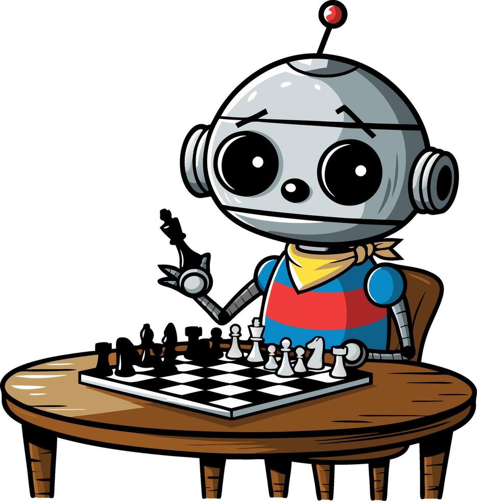 Cute Robot Playing Chess at Wooden Table Illustration for Technology and Strategy Themes vector